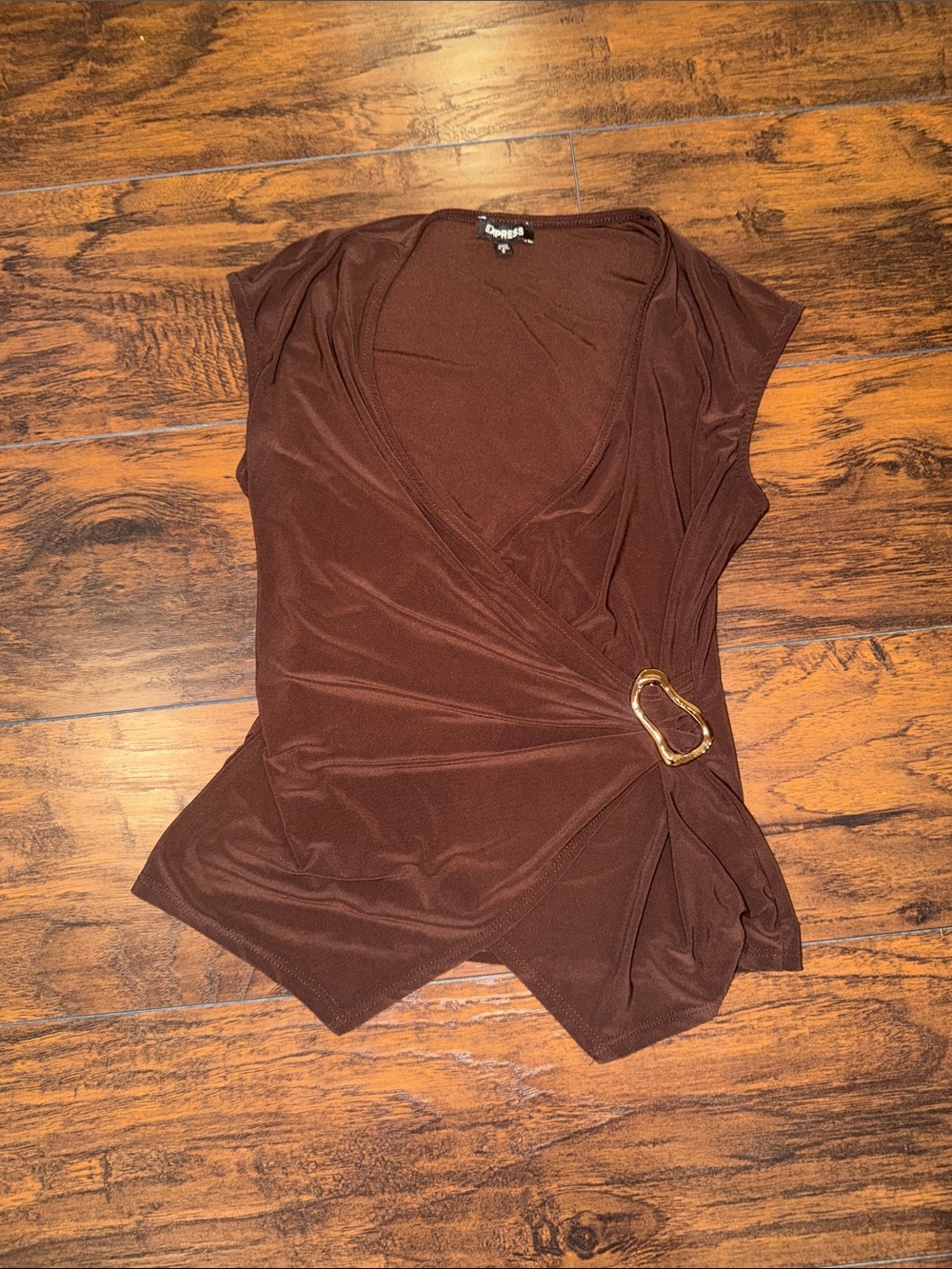 Express Wrap-Style Brown Women's Top with Gold Accent